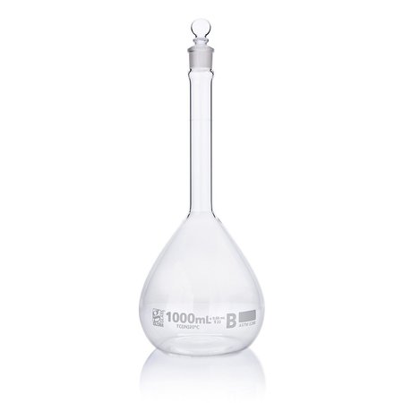 GLOBE SCIENTIFIC Flask, Volumetric , Globe Glass, 1000mL, Class B, To Contain (TC), ASTME288, 1/Box 8251000